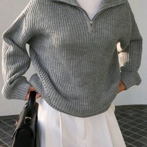 Elegant Gray Women's Half-Zip Sweater